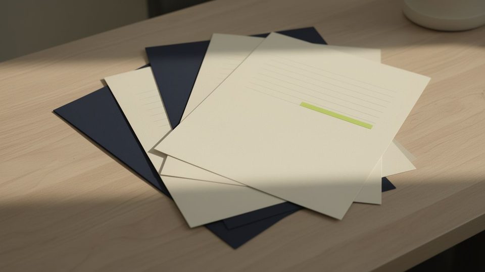 Several blank sheets fanned out on a pale oak desk, one sheet with a single line marked in lime highlighter