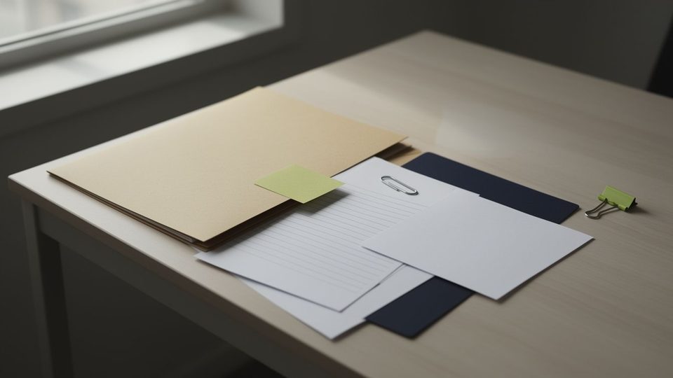 A closed manila folder with a few loose blank sheets, a lime sticky note and a paper clip on a desk