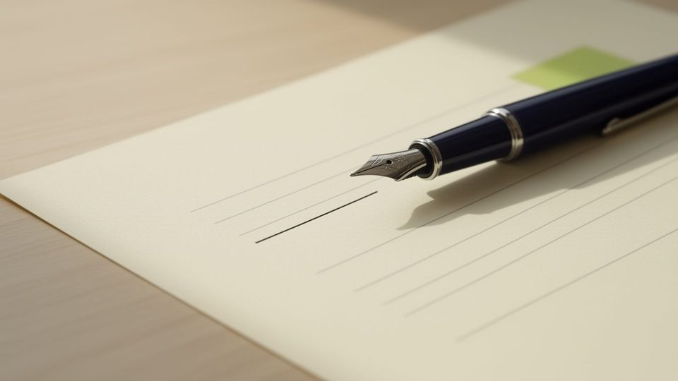A navy fountain pen resting just above an empty line on a blank cream document, the nib not touching the paper