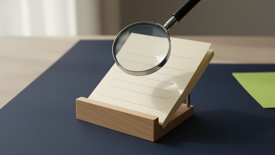 A magnifying glass on a small wooden stand enlarging the faint ruled lines of a stack of blank sheets