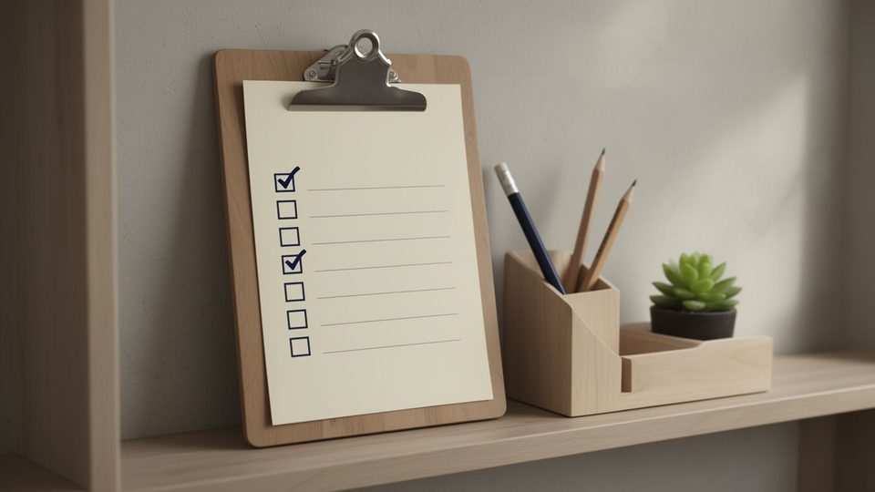 A wooden clipboard holding a checklist with two boxes ticked in pencil, beside a desk organiser of pencils and a small succulent