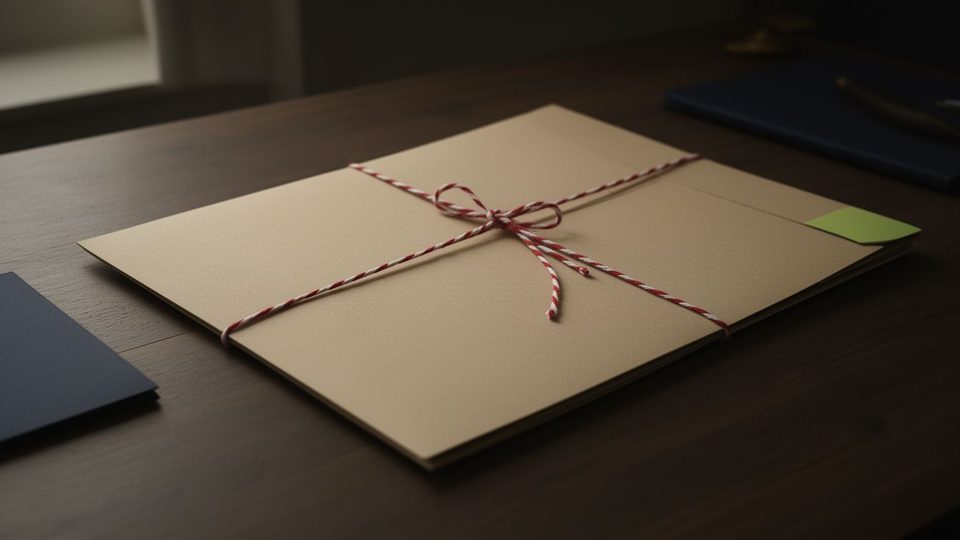 A plain cardboard document folder tied with red and white cotton string on a dark wooden desk in dim warm light