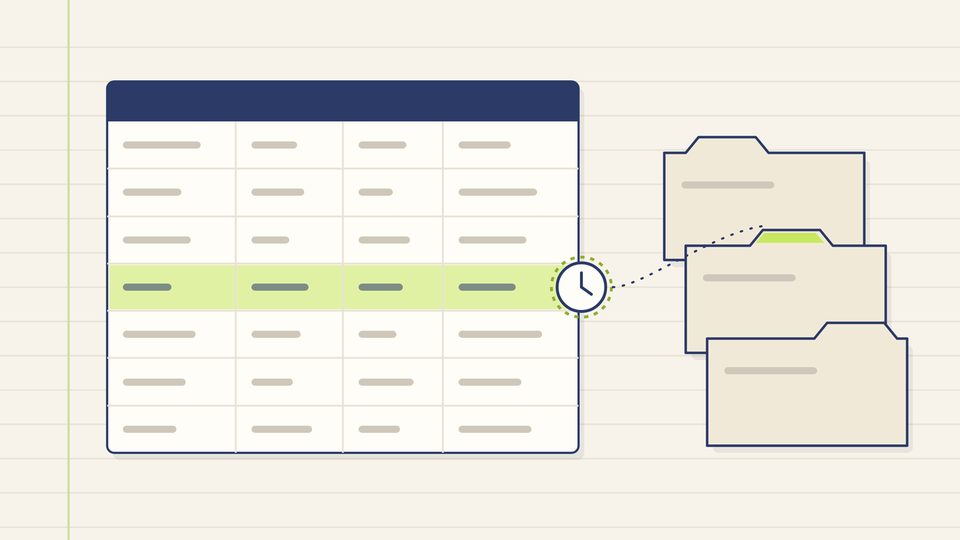 Flat line illustration: a register table with one row highlighted in lime and a small clock at its end, joined by a dotted line to the lime tab of one of three file folders