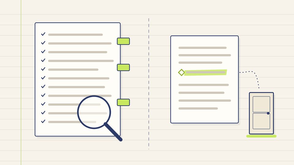 Flat line illustration: on the left a ticked document with lime flags and a magnifying glass; a dashed divider; on the right a document with one marked line and a dotted path to a door