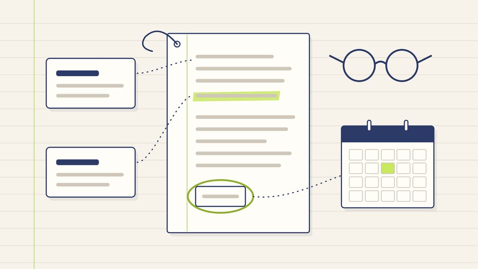 Flat line illustration: a short order sheet with one line highlighted in lime and a small box circled at the foot, two note cards joined to it by dotted lines, reading glasses, and a calendar with one day marked