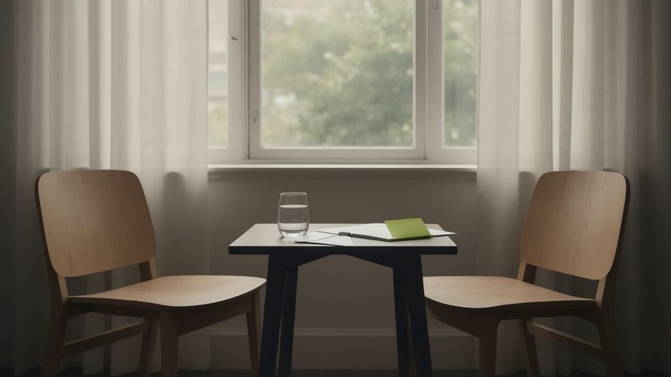 Two empty wooden chairs facing each other across a small table near a window, with a glass of water on the table