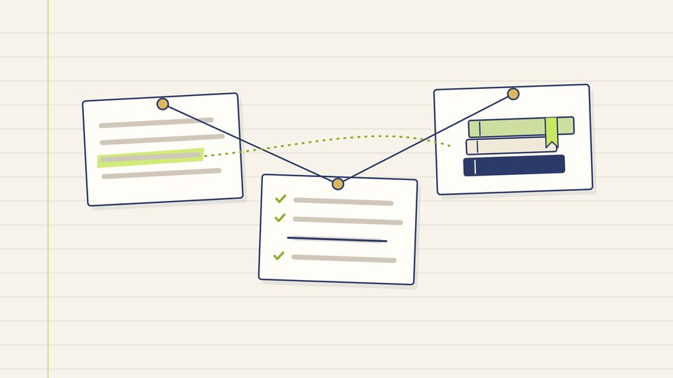 Flat line illustration: three index cards pinned to a board and joined by a navy thread; a lime-highlighted line on the first card is traced by a dotted line to a stack of books on the third