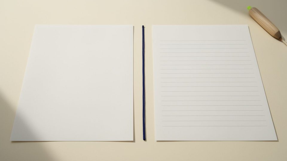 Two blank sheets of paper side by side on a cream surface with a thin navy thread laid in the gap between them