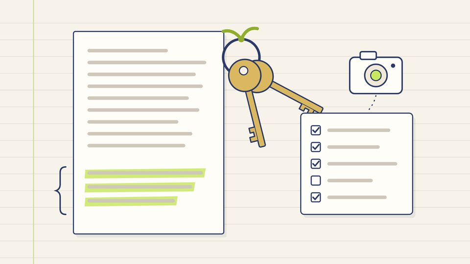 Flat line illustration: an agreement page with its last three lines highlighted in lime and bracketed in the margin, a ring of two brass keys, and an inventory checklist with one box still unticked beside a camera