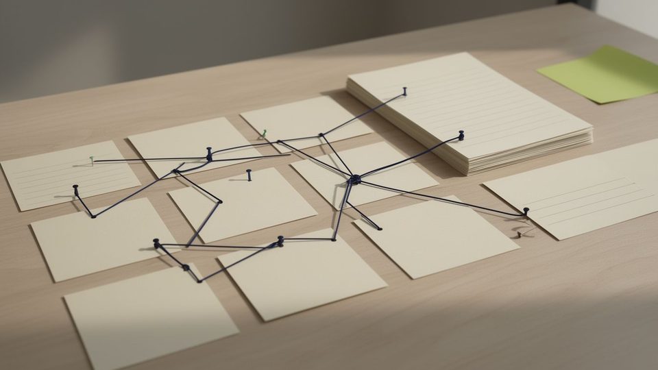Blank index cards laid out in a grid on a desk, linked to a stack of blank sheets by thin navy threads and small pins
