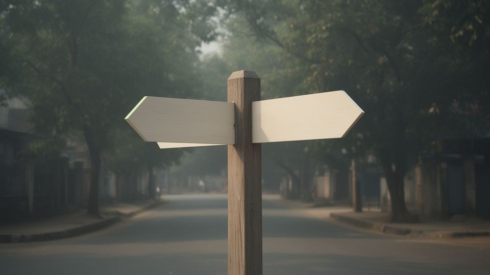 A weathered wooden signpost with two blank arms pointing different ways at a quiet tree-lined street corner in soft morning light