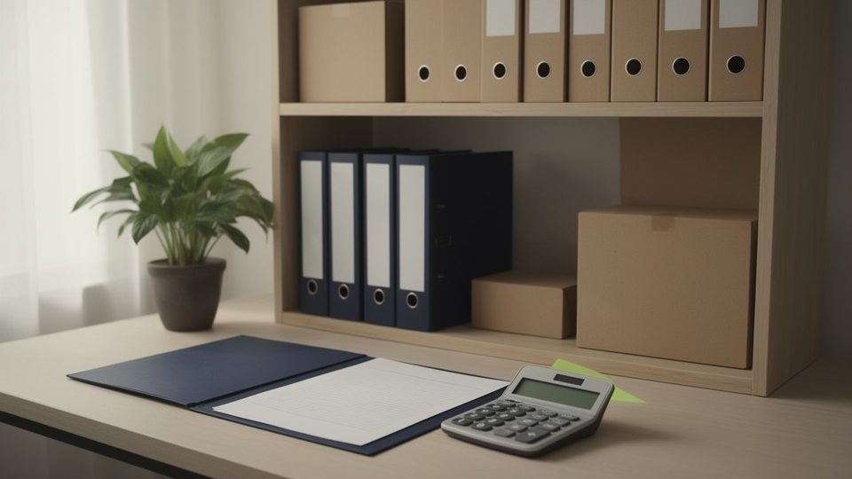 A tidy small-business back office with box files and blank binders on a shelf, a closed folder and a calculator on the desk