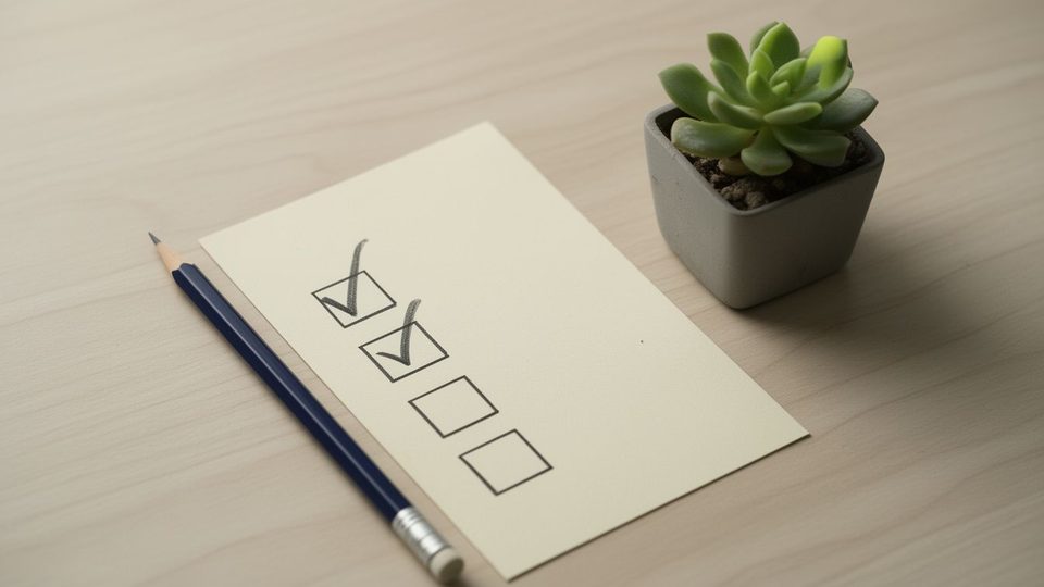 A paper card with a column of tick boxes, three ticked in pencil, beside a pencil and a small succulent