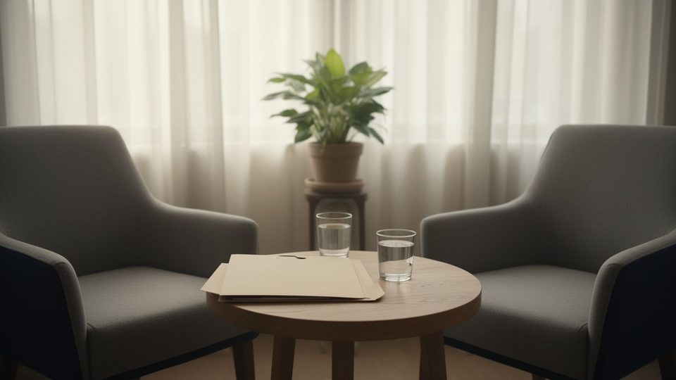 Two empty chairs facing each other across a small round table with a closed folder and two glasses of water
