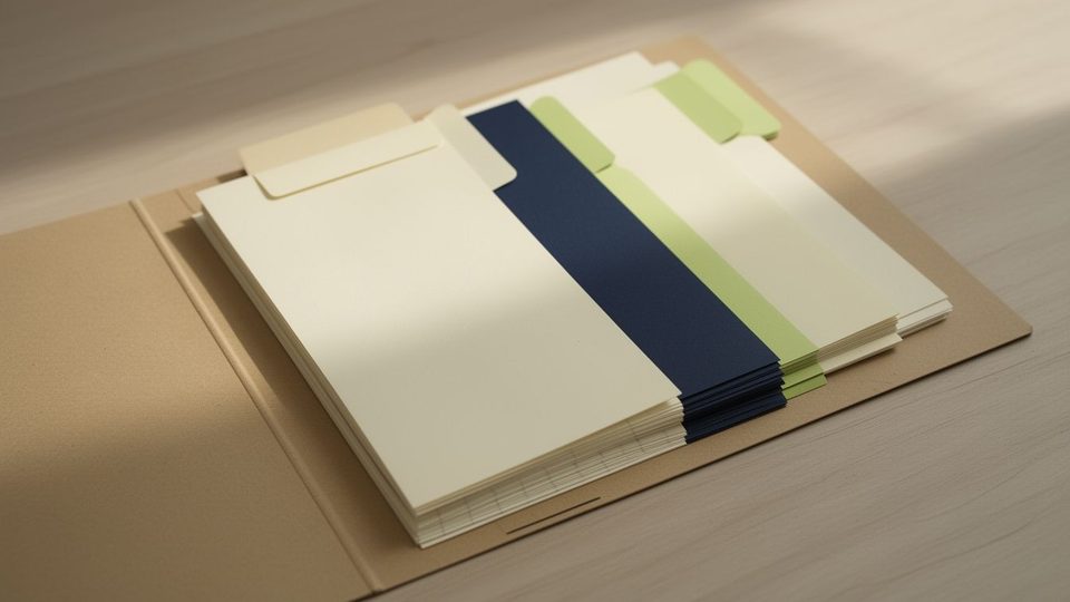 An open manila folder of blank pages divided by plain cream, navy and lime index tabs