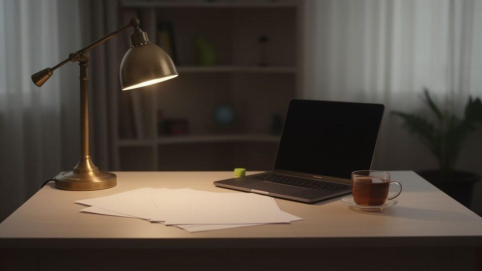 A small home desk in the evening: a brass lamp over a few blank papers, a laptop pushed aside and a cup of tea