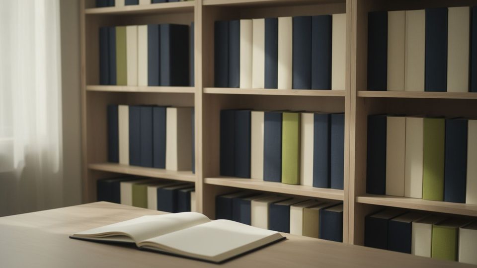 Tall wooden shelves of plain hardbound books with blank spines behind a reading table with an open notebook