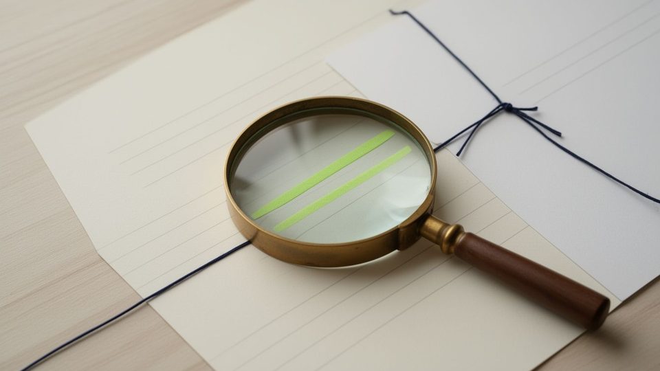 A brass magnifying glass over a blank page, one line under the lens marked with a lime highlighter and tied by a thread to a second page