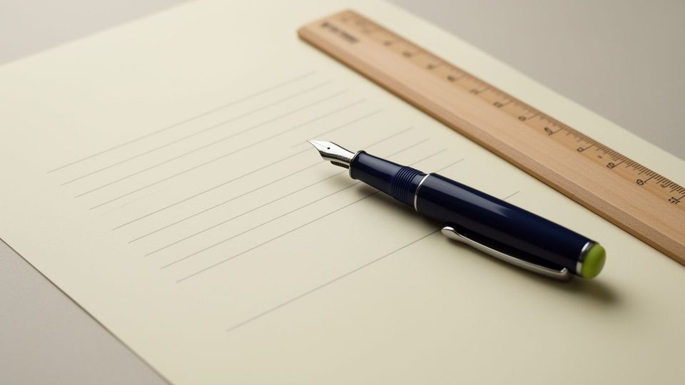 A navy fountain pen resting across a blank ruled page next to a wooden ruler