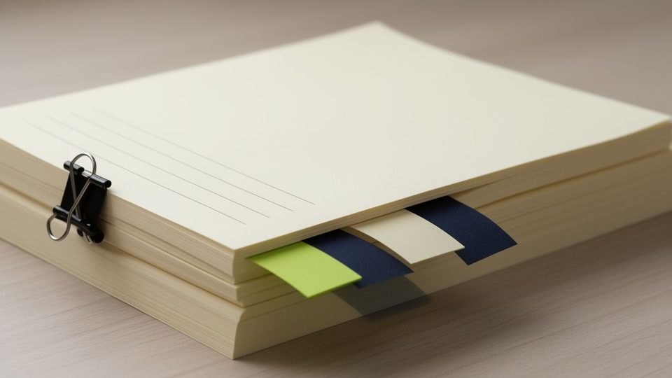 The edge of a thick stack of blank pages marked with lime, cream and navy index flags and held by a binder clip